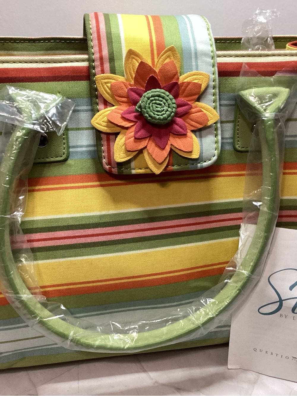 Longaberger Multicolor Striped Tote with Layered Floral Applique - Vintage